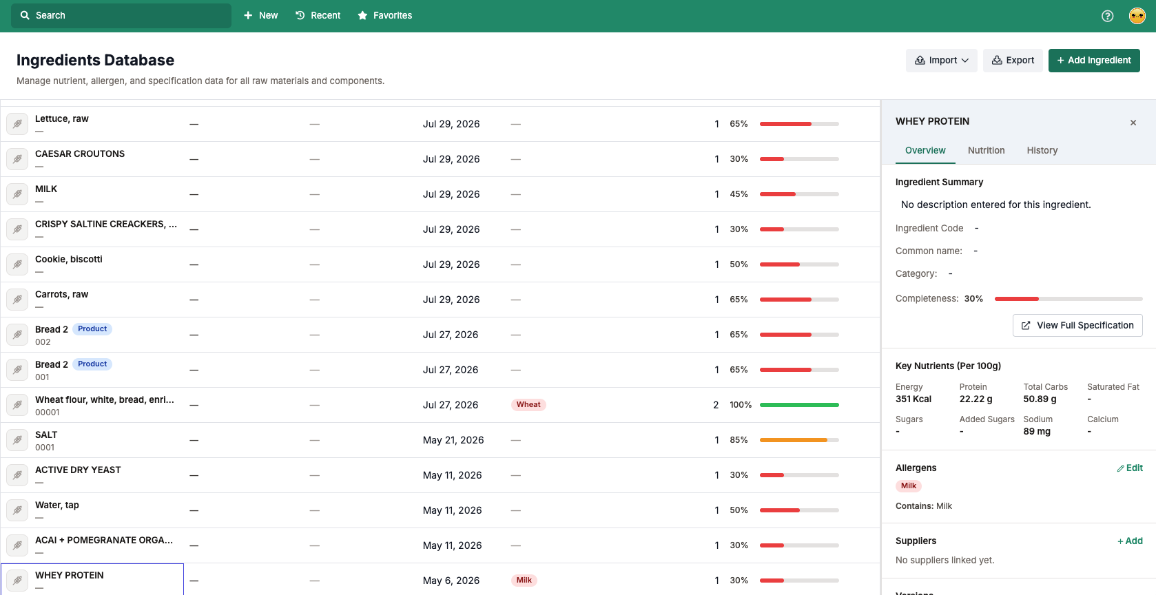 NutriLab Ingredient Database showing the full ingredient list alongside nutrition, allergen, and supplier details for a selected ingredient
